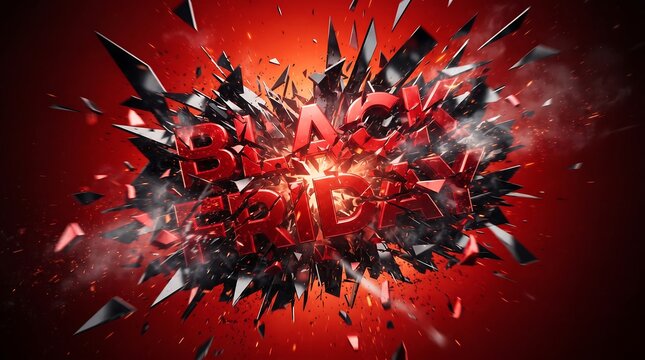 3D Black Friday typography exploding with shattered glass particles, glowing light sparks, and dynamic shards on a red background.