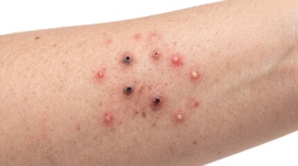 Fototapeta premium Close-up of inflamed skin with severe blackheads, acne pustules, and pimple breakouts on human arm
