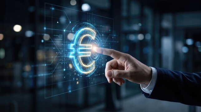 Businessman interacting with digital euro symbol on futuristic virtual screen for financial technology and innovation design