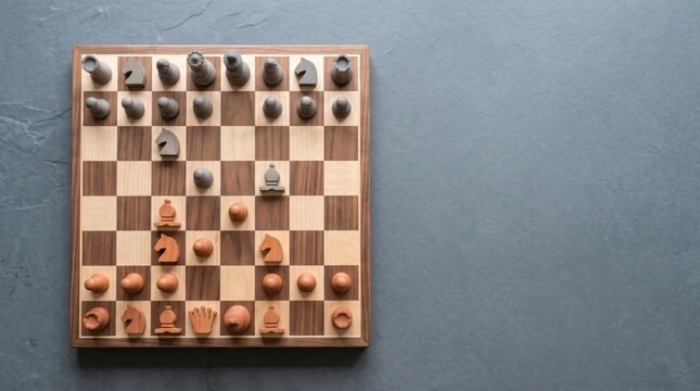 Overhead view of chessboard in mid-game position with wooden and metal pieces for strategy design