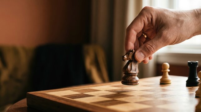 Hand placing wooden chess piece on chessboard during strategic gameplay for competitive thinking and focus concept