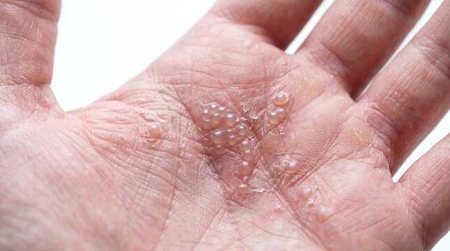 Close Up of Dyshidrotic Eczema Water Blisters on Human Palm
