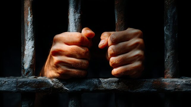 Male hands holding onto iron bars of a prison cell door in the shadows