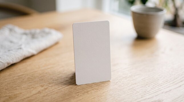 Blank loyalty card standing on a wooden table with a cloth and cup