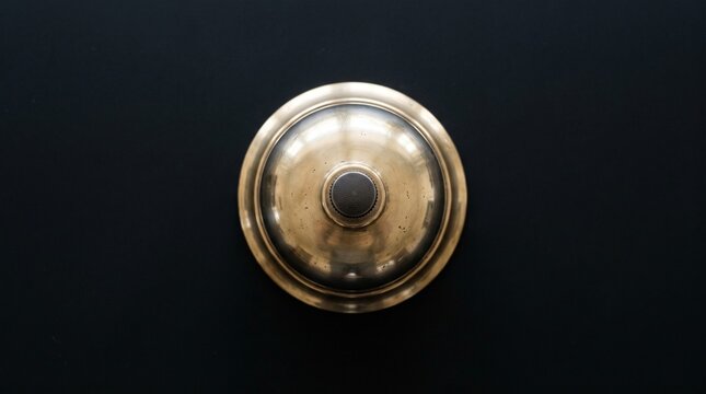 Vintage brass service bell with dark textured button on black background