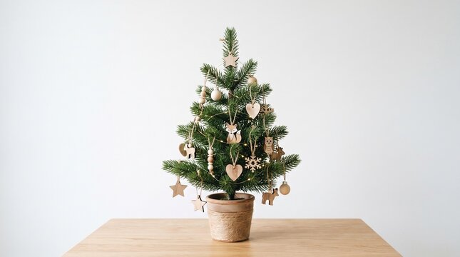 Small tabletop Christmas tree with natural wooden ornaments and fairy lights