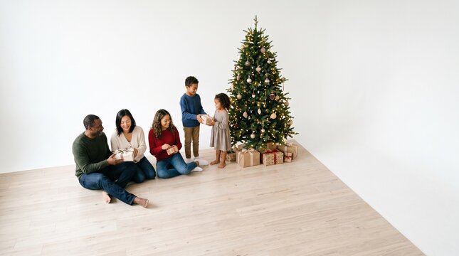 Diverse family exchanges gifts near a decorated Christmas tree on a bright day