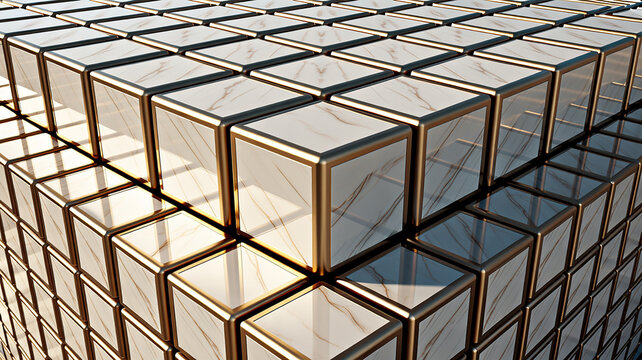 Arrangement of metallic framed cubes with marbled panels a 3d rendering