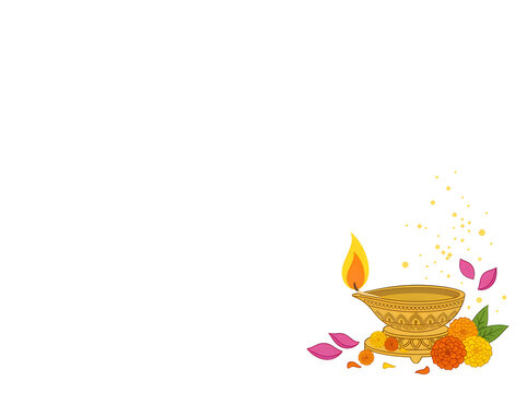 Traditional Diwali Diya Lamp with Marigold Flowers and Golden Sparkles on White Background for Deepavali Festival Banner