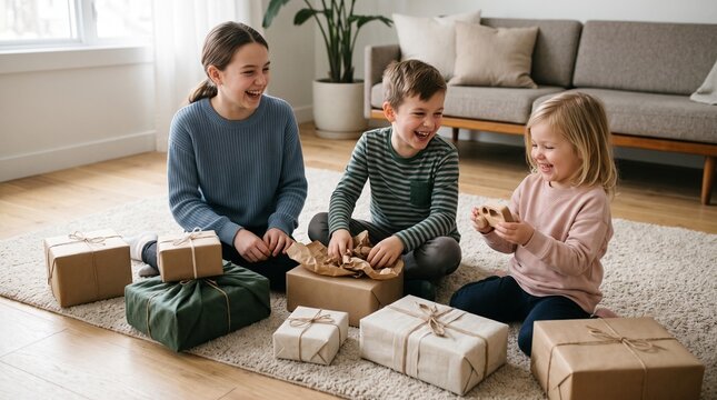 Three happy siblings of different ages opening presents together on the floor