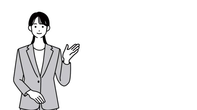 お辞儀をして話すビジネスウーマンのイラストアニメーション・プレゼンテーション動画・白背景