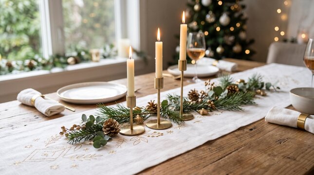 Elegant Christmas table setting with candles and festive greenery
