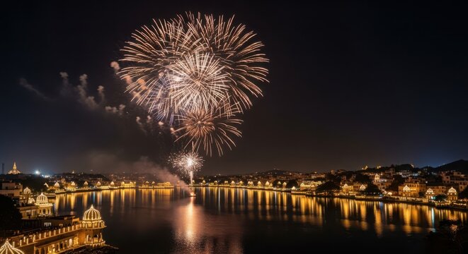 Spectacular fireworks bursting in the night sky above a reflective lake and illuminated city