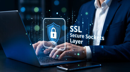 Fototapeta premium Professional Businessman Working on Laptop with Digital SSL Cybersecurity Graphic Overlay