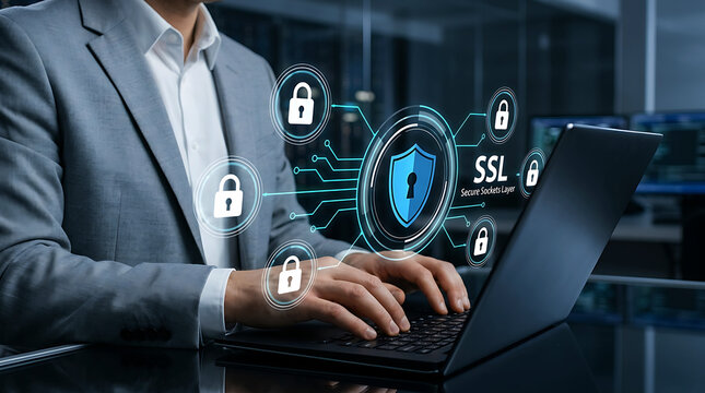 Businessman working on a laptop with digital SSL security shield and lock icons overlay
