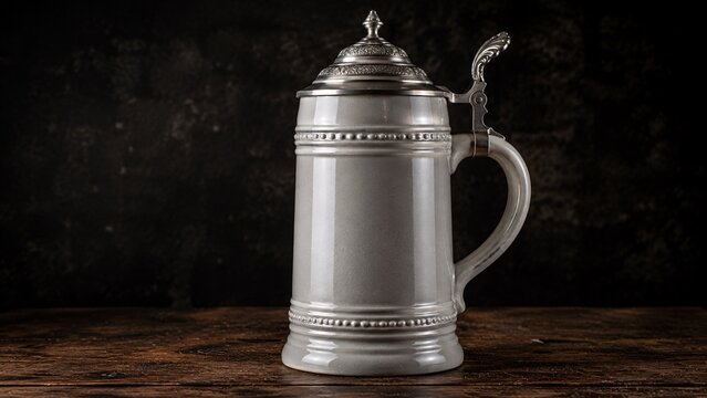 Traditional vintage German pewter beer stein mug on a dark rustic wooden table.