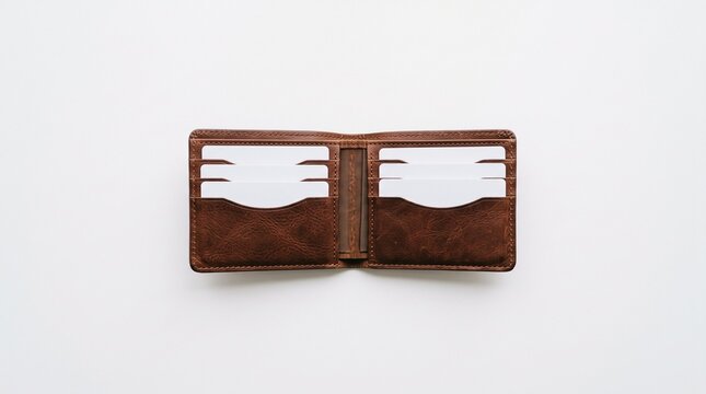 Brown leather wallet open with blank white cards inside on a white background