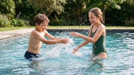 Fototapeta premium Joyful siblings splashing water at each other in a sunlit swimming pool