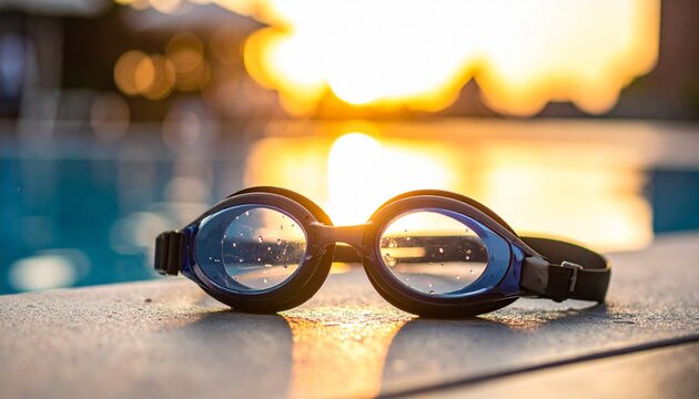 Swimming Goggles by Pool at Sunset for Fitness and Water Sports