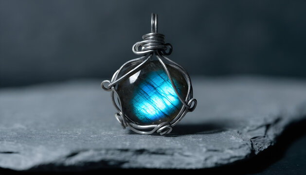 A wire wrapped pendant featuring a round labradorite cabochon showing strong labradorescence a blue green schiller sheen visible across the stone's surface