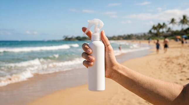 Hand holding a white spray bottle of sunscreen on a tropical beach with ocean waves