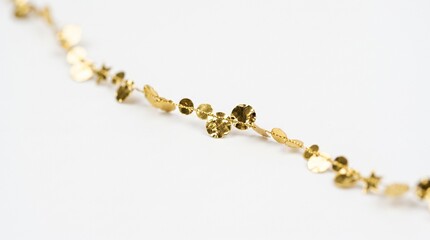 Fototapeta premium Delicate gold chain with hammered coin and star charms on a white background