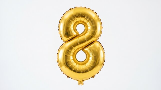 Shiny golden number 8 balloon floating against a clean white background