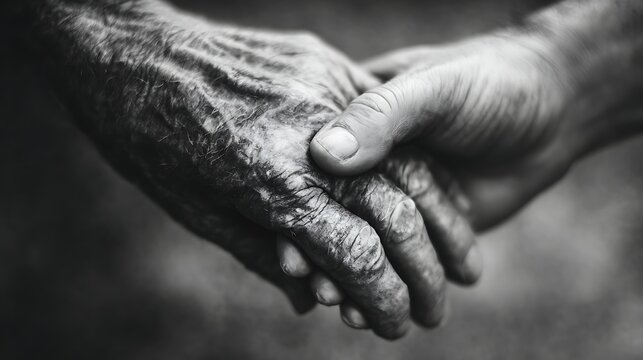 Close-up black and white image of an older hand holding a younger hand, symbolizing care, support, and intergenerational connection.