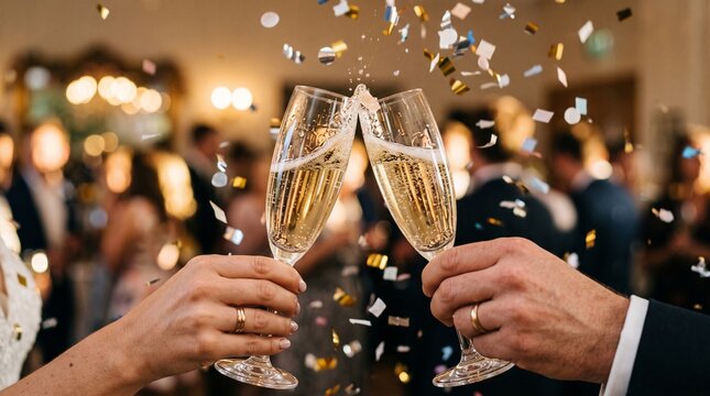 Couple clinking champagne glasses with confetti falling during a celebration