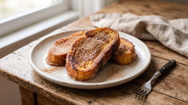 Golden brown rabanada dusted with cinnamon sugar on a rustic plate
