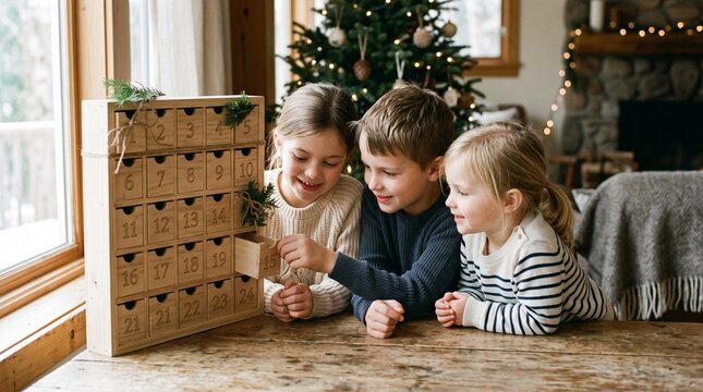 Three happy children opening a wooden advent calendar on Christmas morning