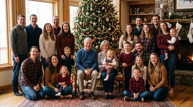 Large extended family gathers for a joyful Christmas portrait by the tree