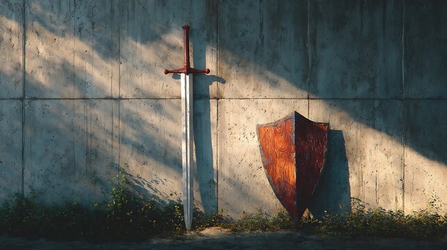 Medieval sword and wooden shield leaning against a textured concrete wall in the sunlight