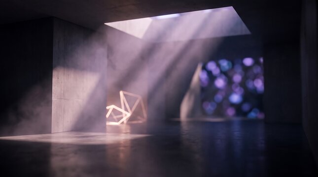 Ethereal light beams pierce through a modern architectural space, illuminating dust motes and casting dramatic shadows on geometric sculptures and bokeh lights.