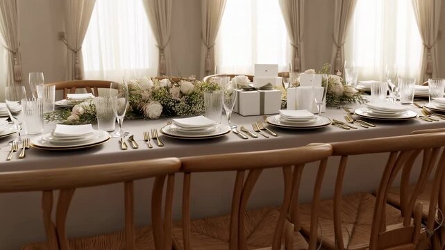 Elegant formal dining table set for celebration with floral centerpiece, gift boxes, porcelain settings, soft backlit windows and row of light wood chairs, with dining, table, centerpiece, flower
