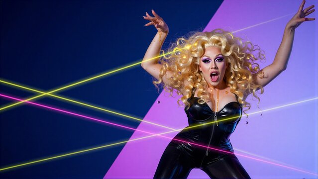 A vibrant drag queen dances with neon lasers against a bold purple and blue backdrop.