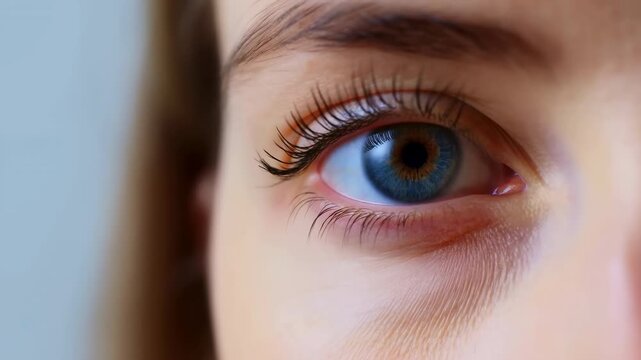 Close-up human eye slowly opening, revealing blue iris with brown ring, round pupil, curled upper eyelashes, soft daylight, glossy moisture, natural skin texture, frontal view