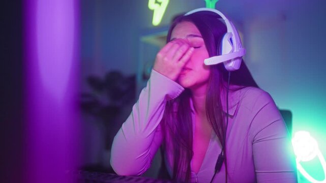 Woman wearing white headset rubbing eyes at computer in studio with neon lighting, keyboard and shelf visible; fatigue.
