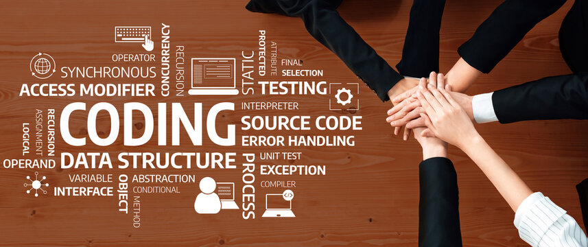 A group of professionals engage in a coding session with hands together, showcasing teamwork and collaboration in a modern office environment filled with coding terminology. Amity