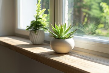 Fototapeta premium Succulent and small conifer in white pots on a wooden window sill