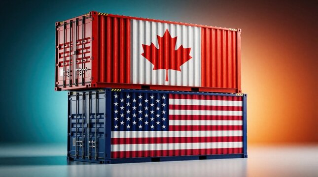 Shipping containers stacked with Canada, United States flags painted on sides. Cargo boxes represent international trade relations between North American countries. Metal industrial units illustrate