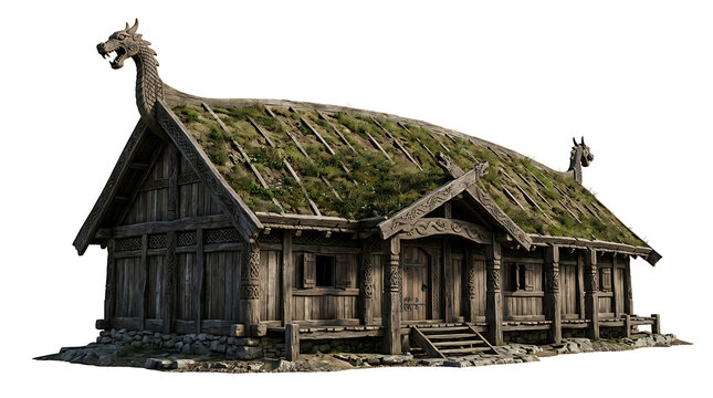 Traditional Medieval Viking Longhouse Constructed with Wood and Turf Roof Isolated on White