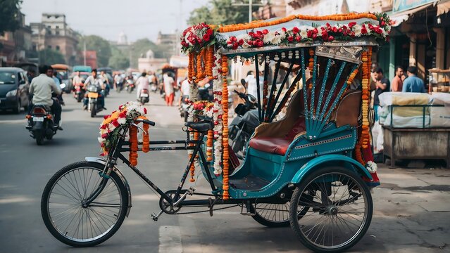 Colorful bicycle rickshaw parked on a busy street in india