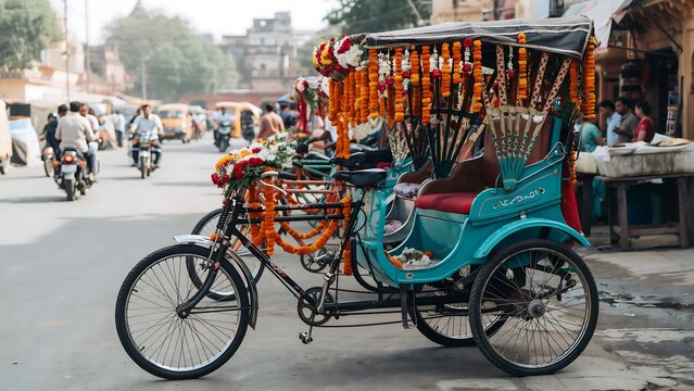 Colorful bicycle rickshaw parked on a busy street in india