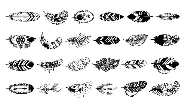 Hand drawn tribal feather set with black and white bohemian bird feathers vector isolated on white background
