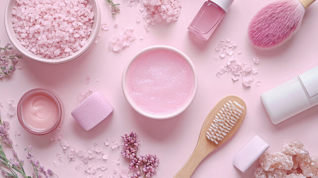 Cosmetic kit displays various skincare essentials and a wooden brush on a light pink background.