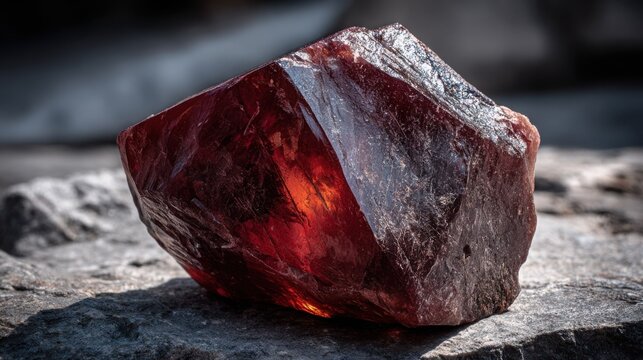 A deep red, unshaped ruby fragment with natural facets and rough texture, showcasing intense color and light reflection