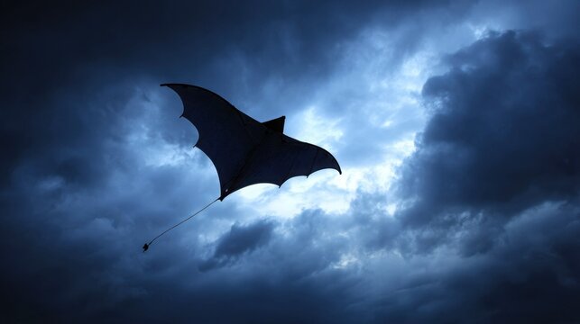 Silhouette of a bat-shaped Japanese fighter kite flying against a dark, stormy sky
