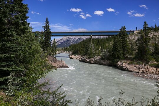 Cline river and Cline river bridge in David Thompson Country, Alberta, Canada