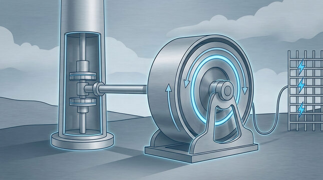 Technical 3D Render of a Kinetic Flywheel Energy Storage System Featuring a Rotating Cylinder and Mechanical Shaft Connected to an Electrical Power Grid